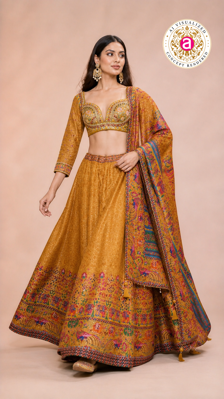 Mustard Heritage Print Lehenga Set with Embroidered Blouse & Statement Dupatta