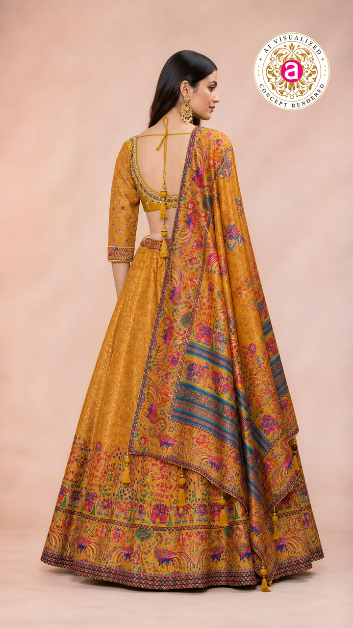 Mustard Heritage Print Lehenga Set with Embroidered Blouse & Statement Dupatta
