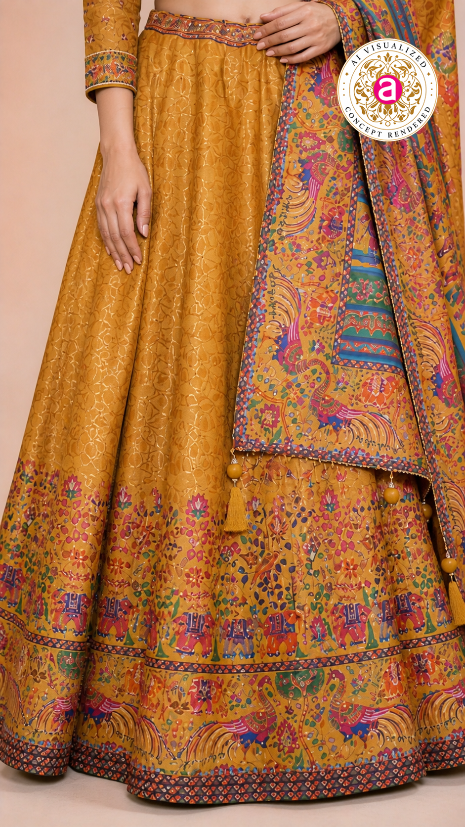 Mustard Heritage Print Lehenga Set with Embroidered Blouse & Statement Dupatta