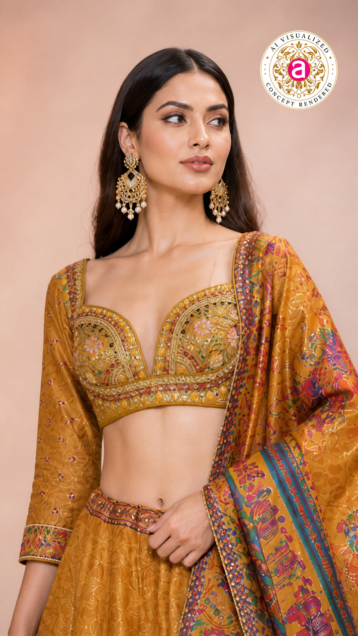 Mustard Heritage Print Lehenga Set with Embroidered Blouse & Statement Dupatta