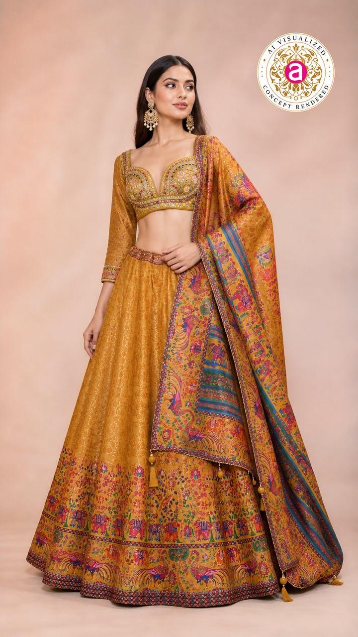 Mustard Heritage Print Lehenga Set with Embroidered Blouse & Statement Dupatta