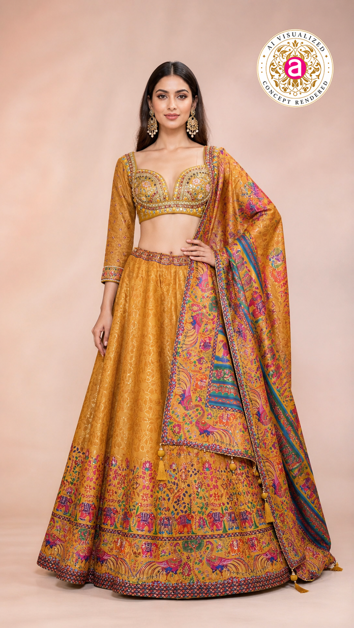 Mustard Heritage Print Lehenga Set with Embroidered Blouse & Statement Dupatta