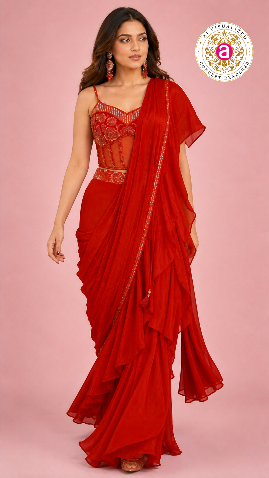Red Ready-to-Wear Ruffle Saree with Embroidered Corset Blouse & Sheer Pallu