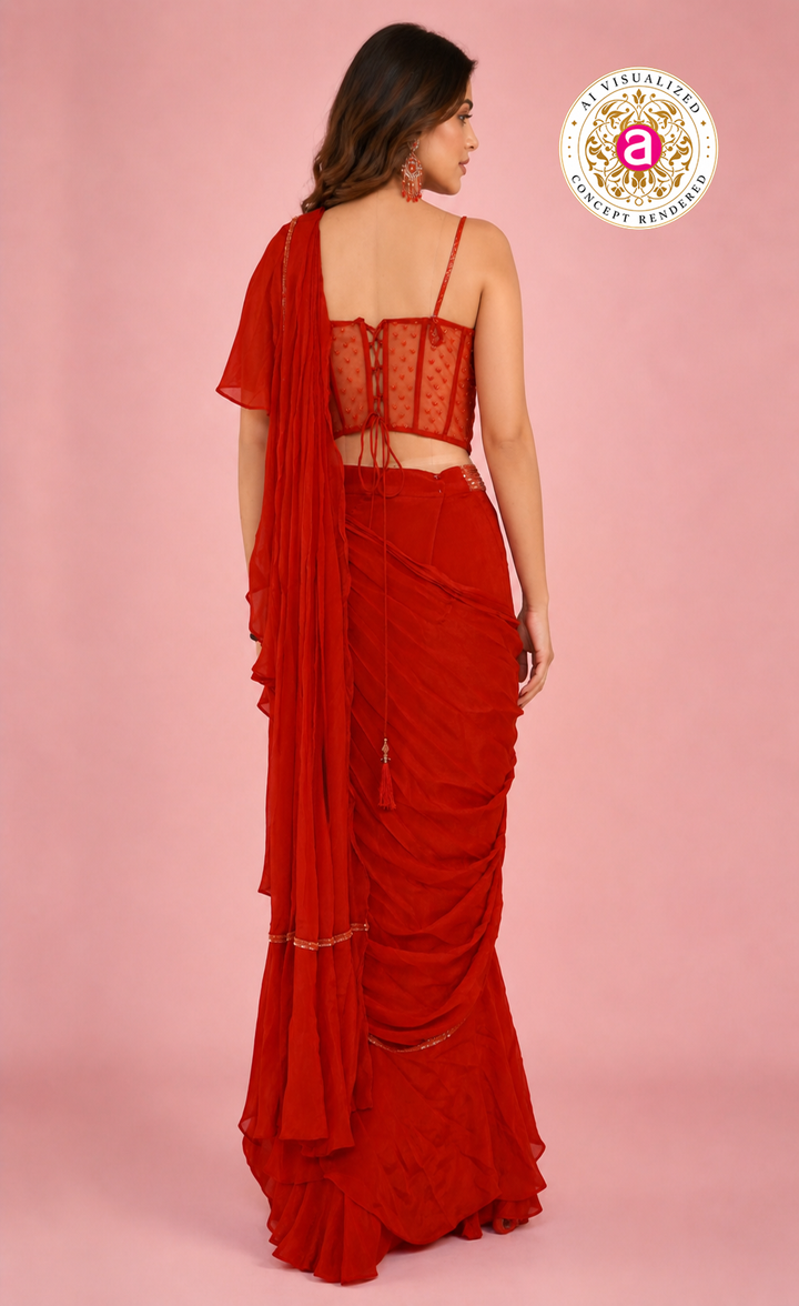 Red Ready-to-Wear Ruffle Saree with Embroidered Corset Blouse & Sheer Pallu