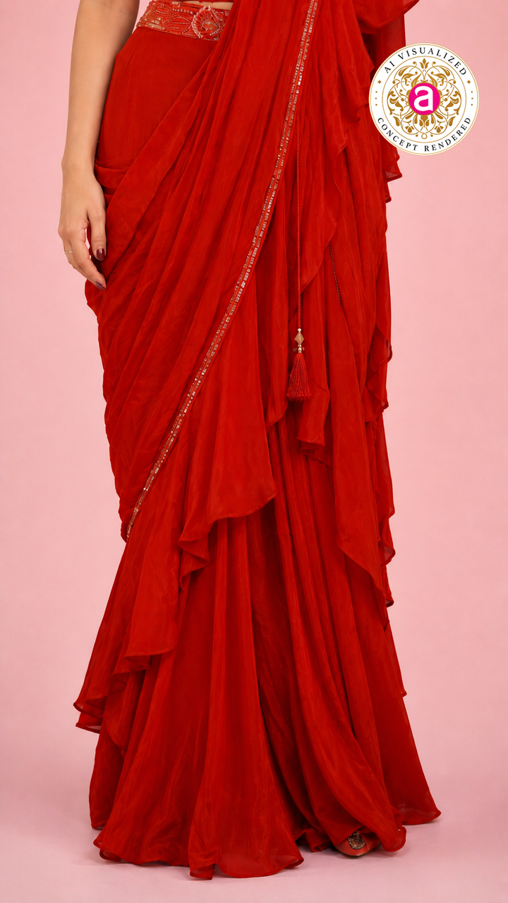 Red Ready-to-Wear Ruffle Saree with Embroidered Corset Blouse & Sheer Pallu