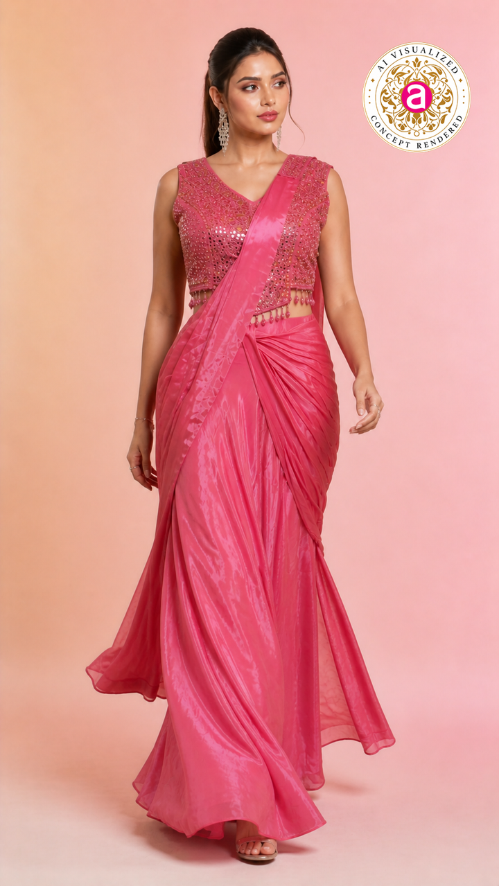 Elegant Pink Satin Saree with Embellished Designer Blouse | Party Wear Draped Saree for Women