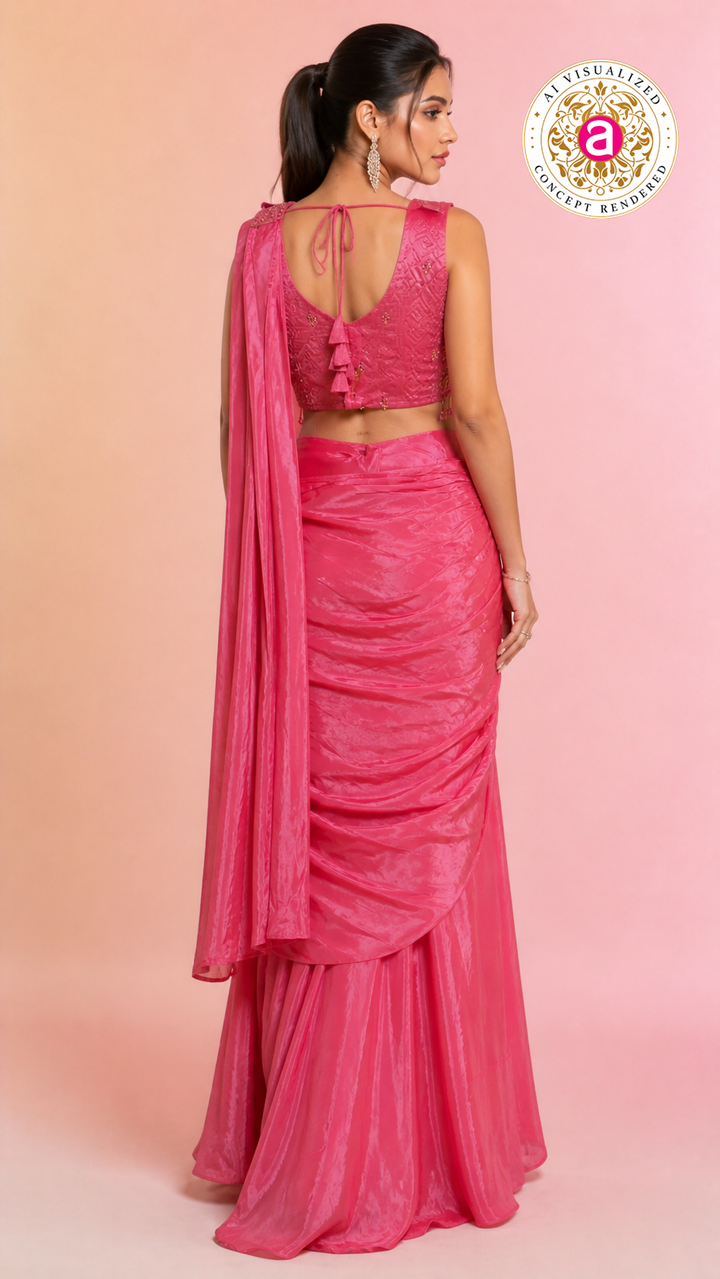 Elegant Pink Satin Saree with Embellished Designer Blouse | Party Wear Draped Saree for Women