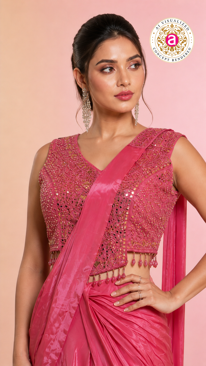 Elegant Pink Satin Saree with Embellished Designer Blouse | Party Wear Draped Saree for Women