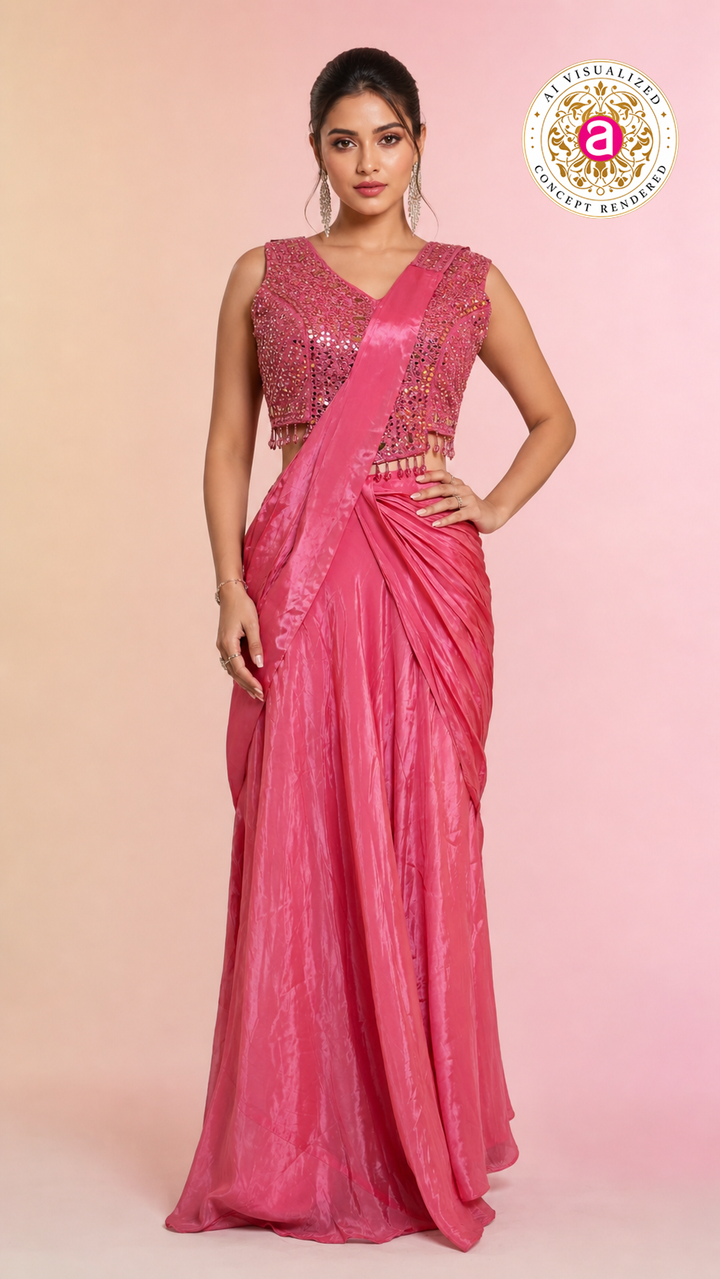 Elegant Pink Satin Saree with Embellished Designer Blouse | Party Wear Draped Saree for Women