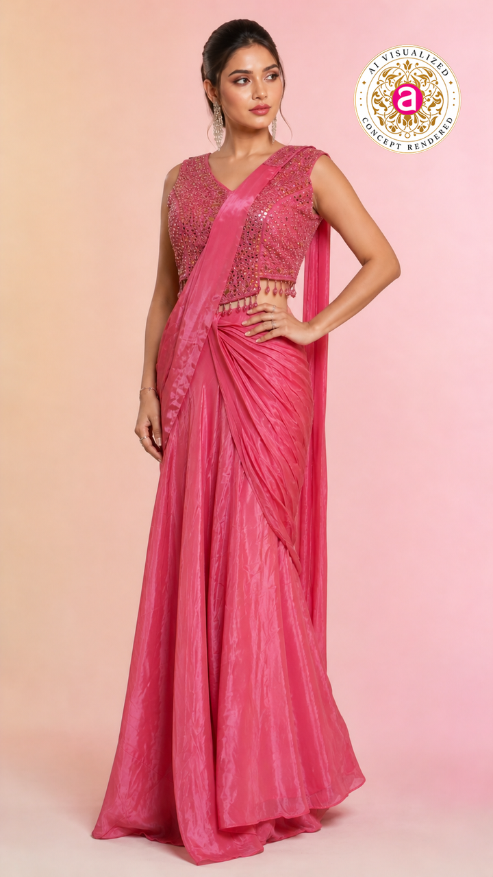Elegant Pink Satin Saree with Embellished Designer Blouse | Party Wear Draped Saree for Women