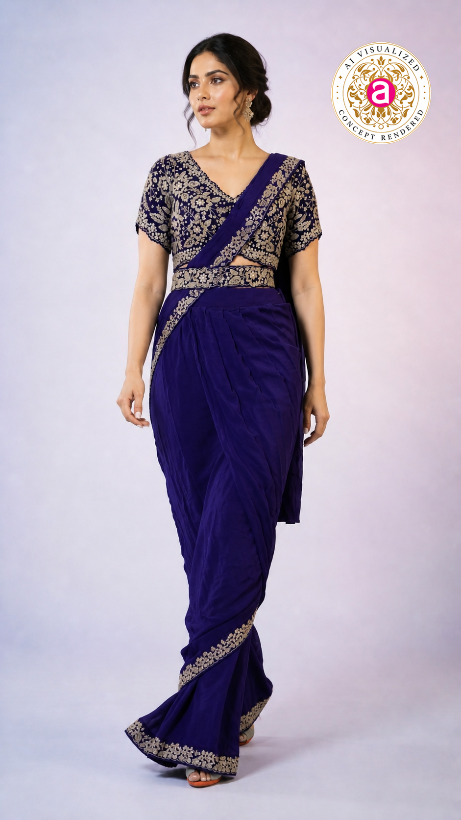 Royal Blue Ready-to-Wear Saree with Heavy Embroidered Blouse & Ethnic Border
