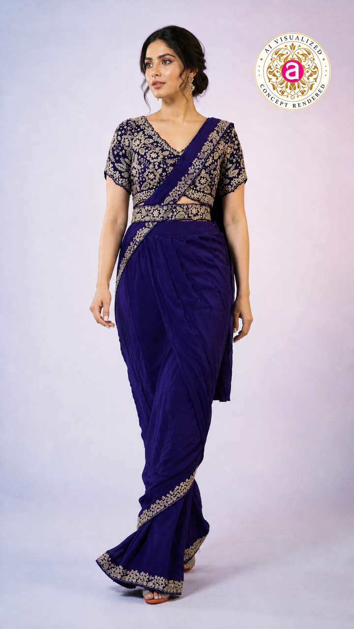 Royal Blue Ready-to-Wear Saree with Heavy Embroidered Blouse & Ethnic Border