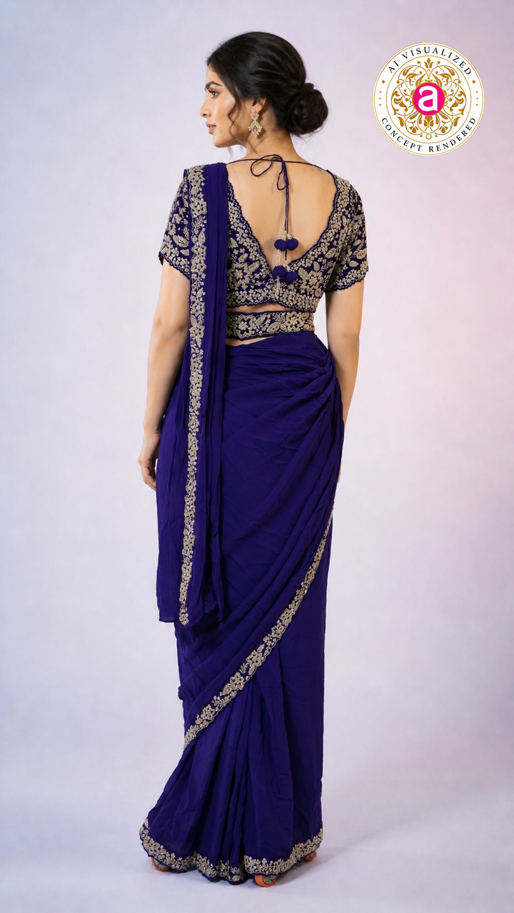 Royal Blue Ready-to-Wear Saree with Heavy Embroidered Blouse & Ethnic Border