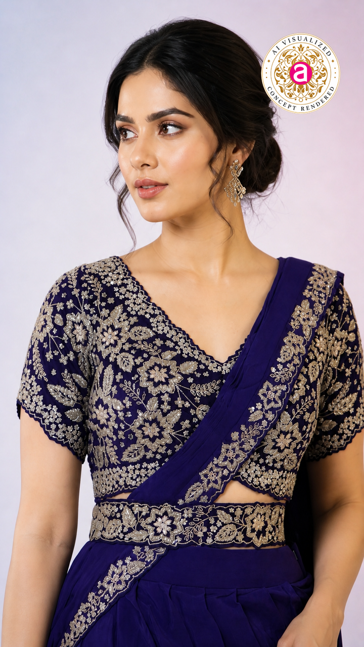 Royal Blue Ready-to-Wear Saree with Heavy Embroidered Blouse & Ethnic Border