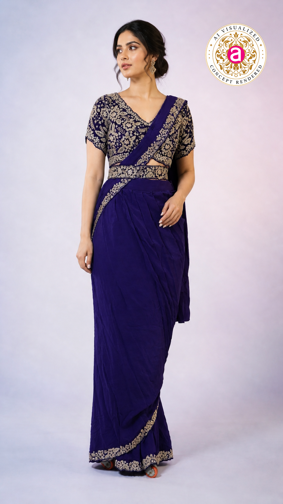 Royal Blue Ready-to-Wear Saree with Heavy Embroidered Blouse & Ethnic Border