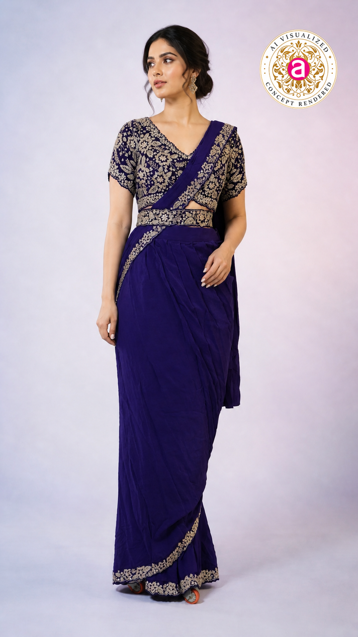 Royal Blue Ready-to-Wear Saree with Heavy Embroidered Blouse & Ethnic Border