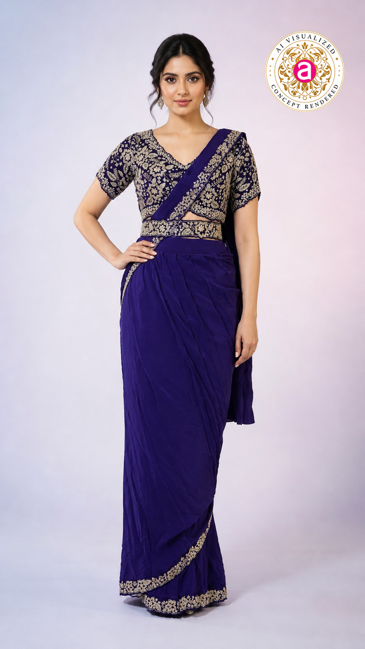 Royal Blue Ready-to-Wear Saree with Heavy Embroidered Blouse & Ethnic Border