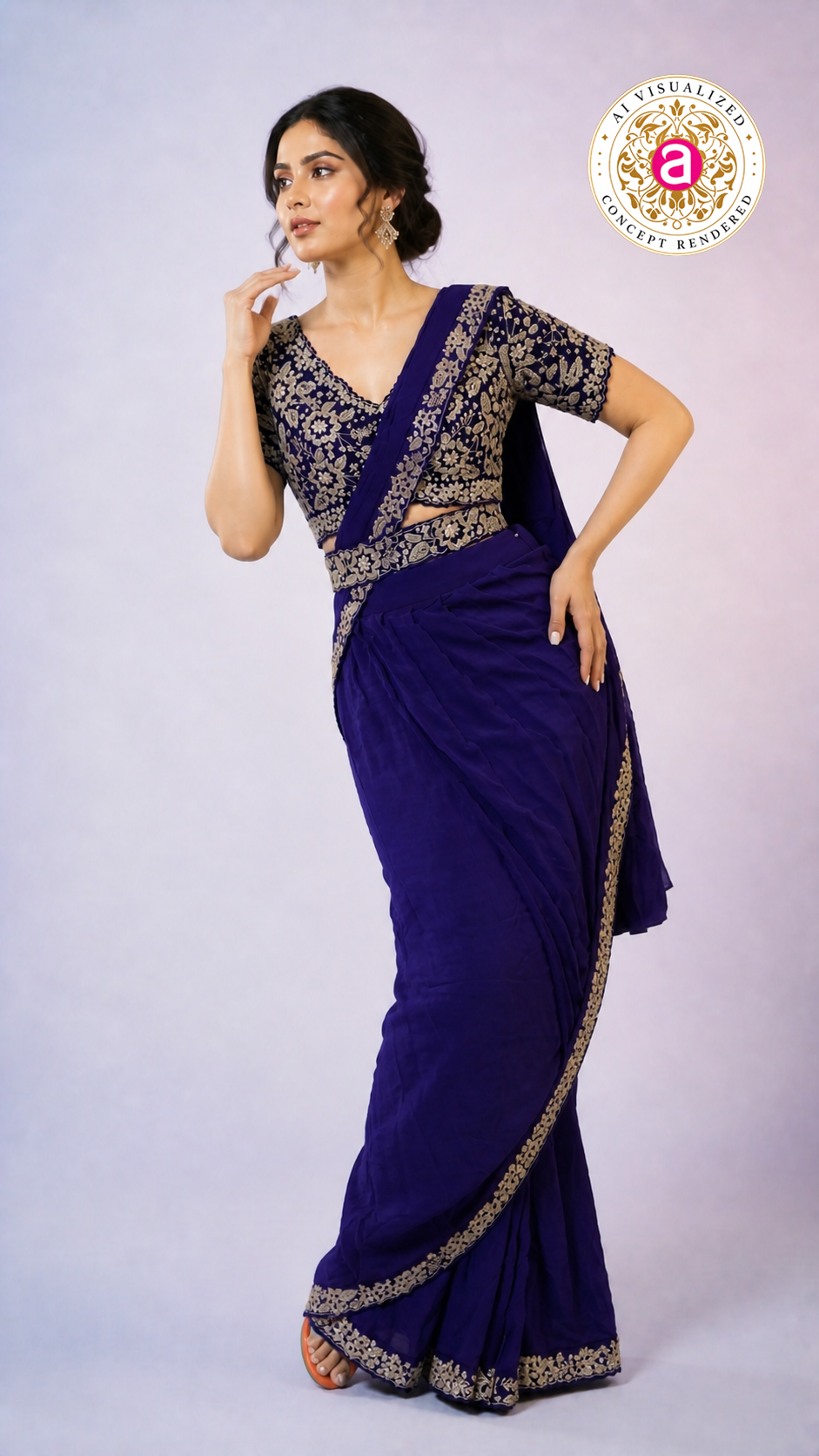 Royal Blue Ready-to-Wear Saree with Heavy Embroidered Blouse & Ethnic Border