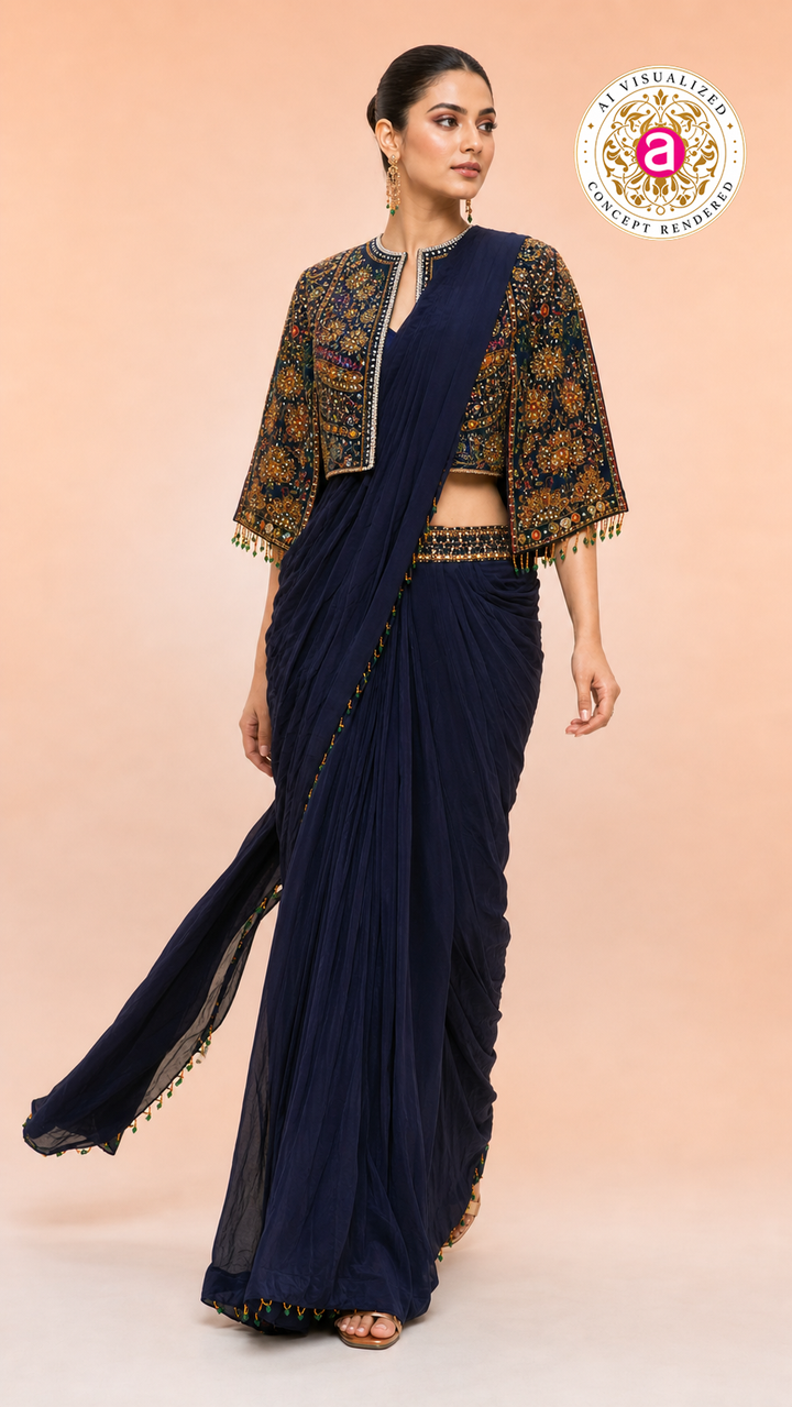 Navy Blue Ready-to-Wear Saree with Heavy Embroidered Jacket Blouse & Draped Pleats