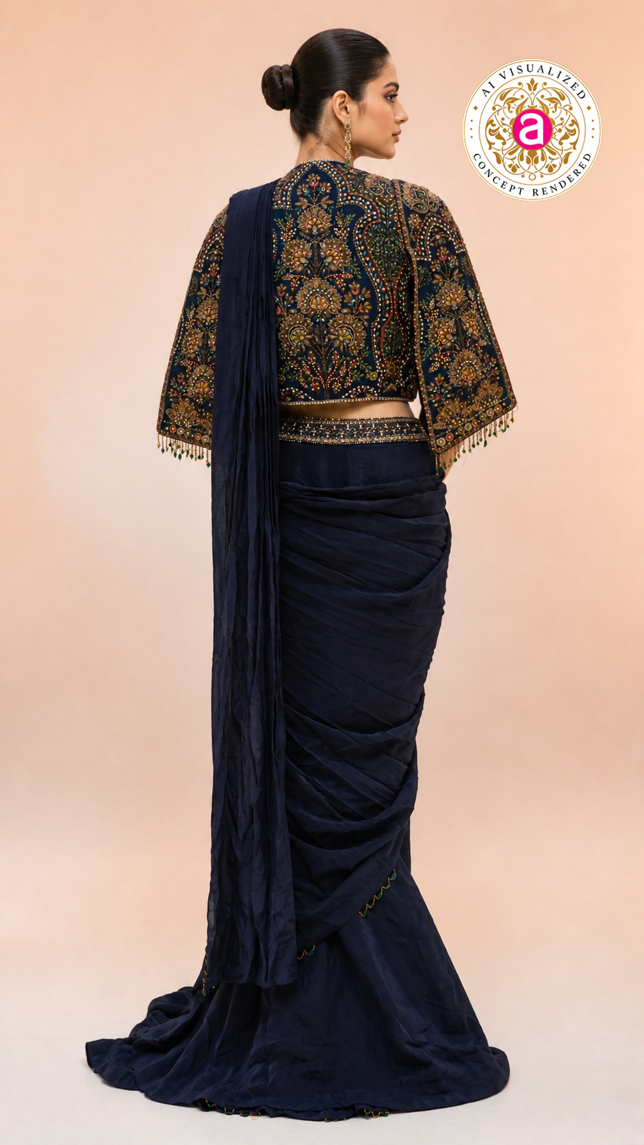 Navy Blue Ready-to-Wear Saree with Heavy Embroidered Jacket Blouse & Draped Pleats