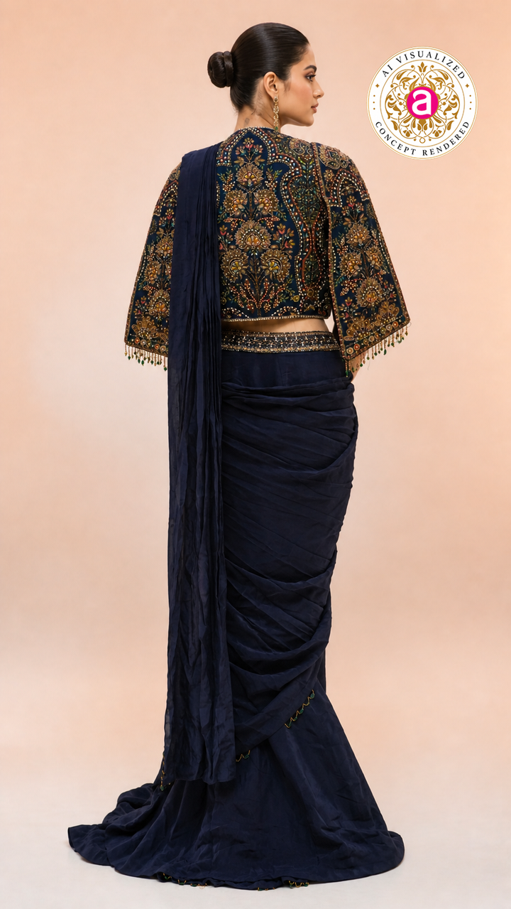 Navy Blue Ready-to-Wear Saree with Heavy Embroidered Jacket Blouse & Draped Pleats