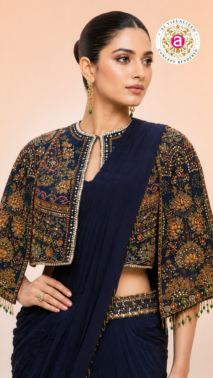 Navy Blue Ready-to-Wear Saree with Heavy Embroidered Jacket Blouse & Draped Pleats