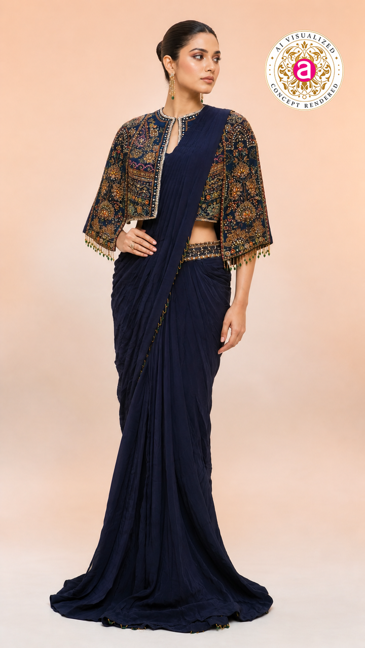 Navy Blue Ready-to-Wear Saree with Heavy Embroidered Jacket Blouse & Draped Pleats