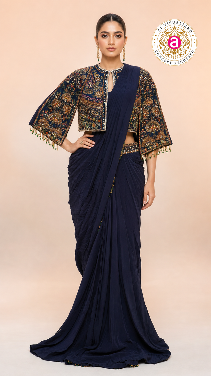 Navy Blue Ready-to-Wear Saree with Heavy Embroidered Jacket Blouse & Draped Pleats