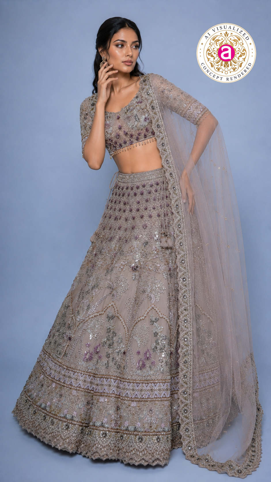 Dusty Mauve Embroidered Lehenga Set with Designer Blouse & Sheer Net Dupatta