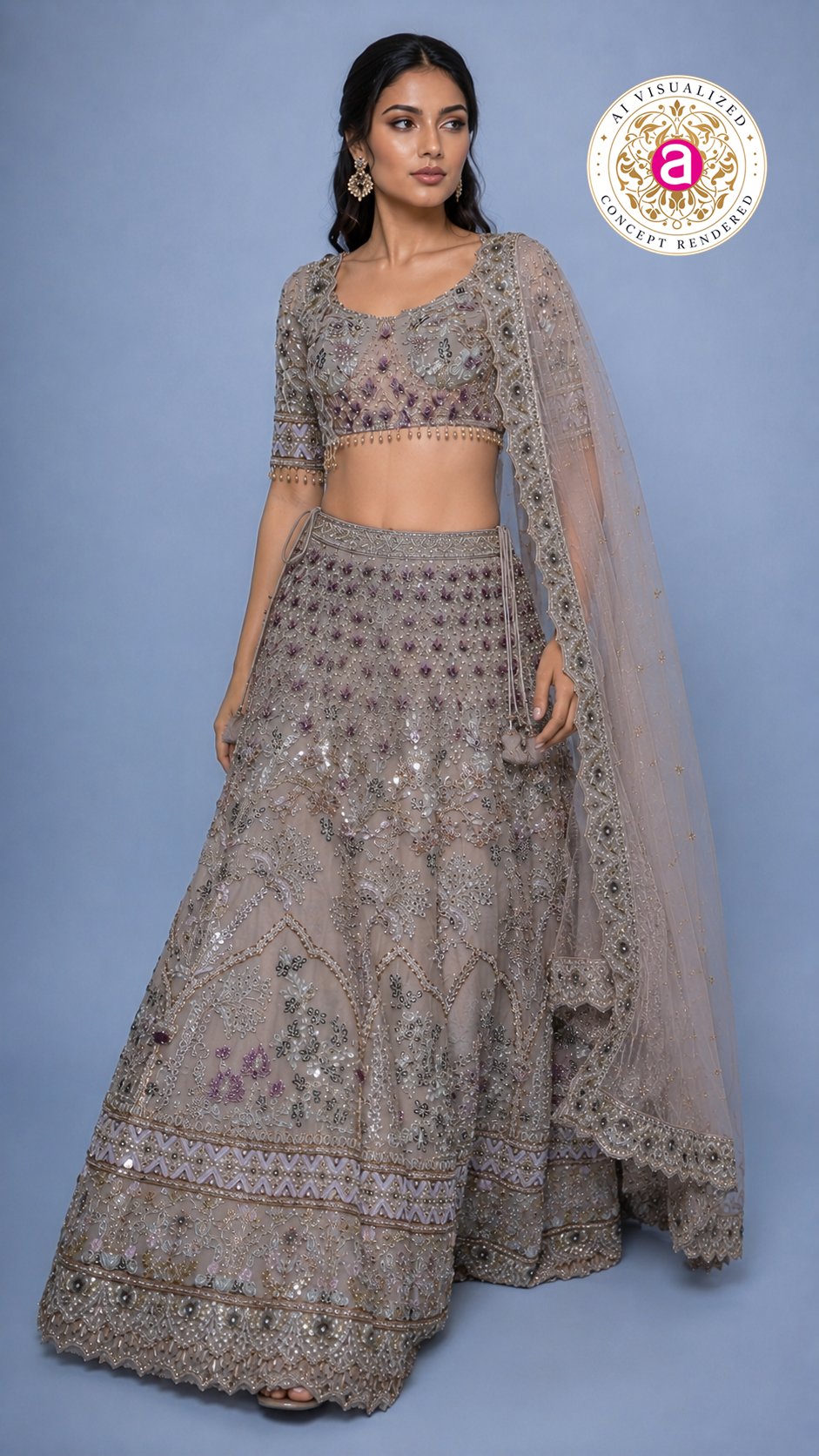 Dusty Mauve Embroidered Lehenga Set with Designer Blouse & Sheer Net Dupatta