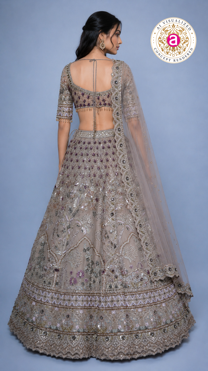 Dusty Mauve Embroidered Lehenga Set with Designer Blouse & Sheer Net Dupatta