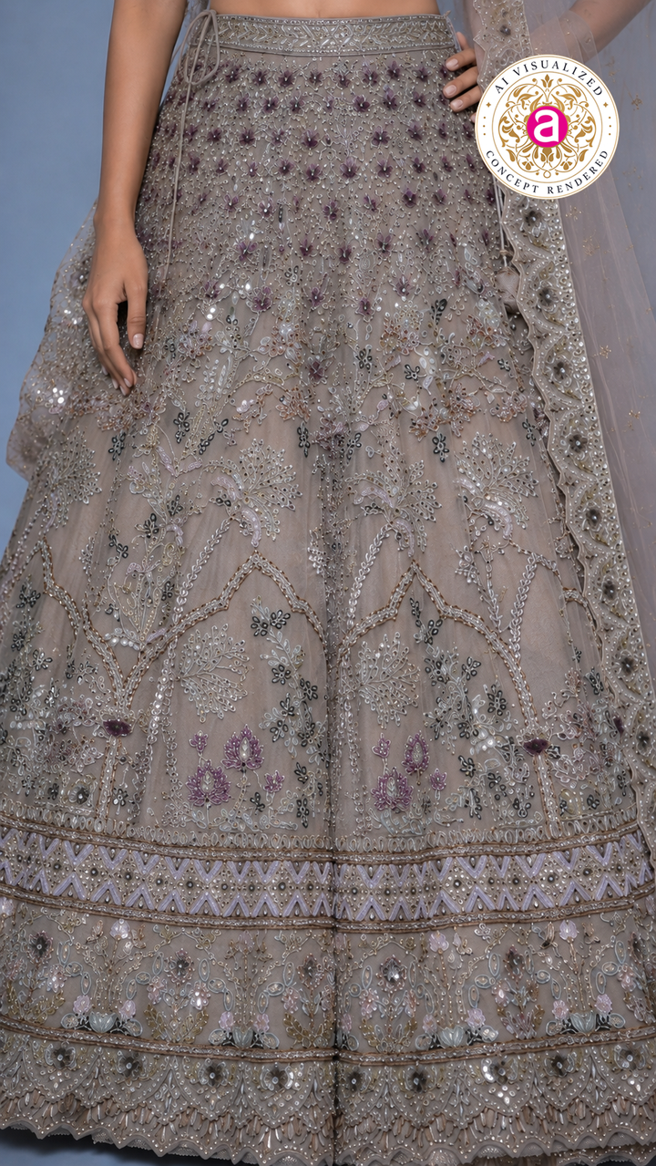 Dusty Mauve Embroidered Lehenga Set with Designer Blouse & Sheer Net Dupatta