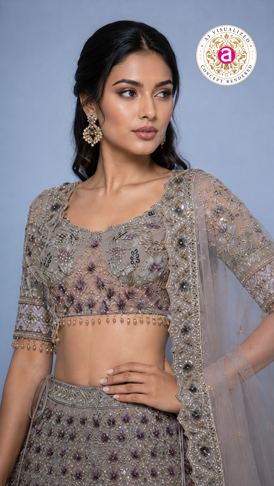 Dusty Mauve Embroidered Lehenga Set with Designer Blouse & Sheer Net Dupatta