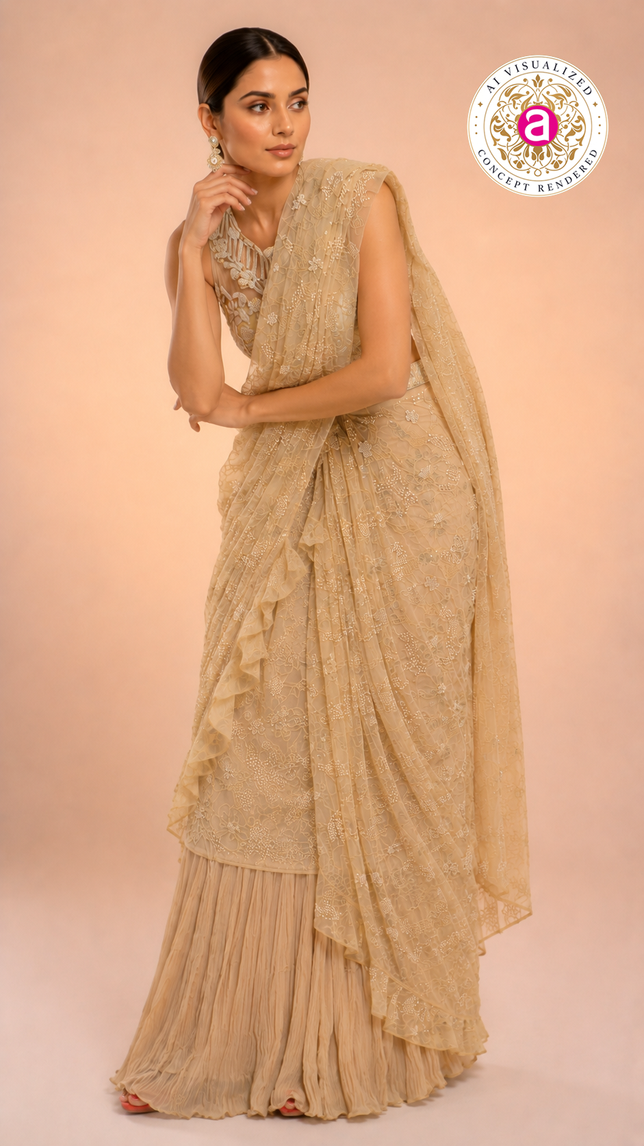 Champagne Beige Ready to Wear Saree with Embroidered Designer Blouse