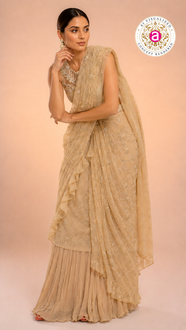 Champagne Beige Ready to Wear Saree with Embroidered Designer Blouse