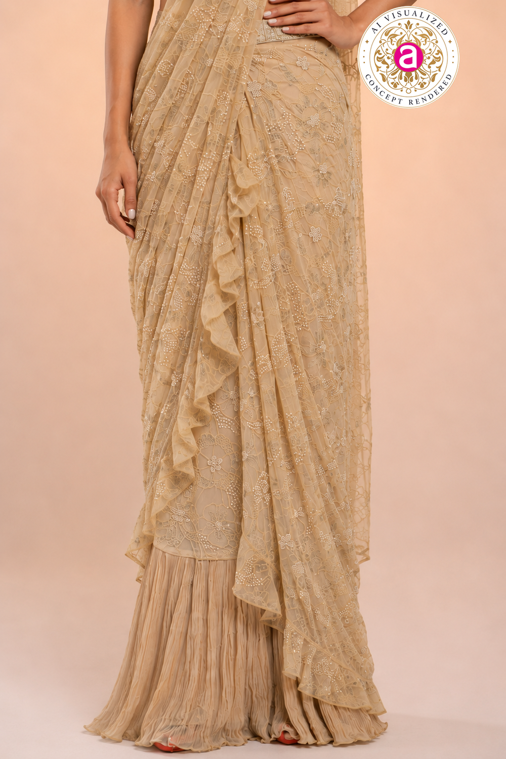 Champagne Beige Ready to Wear Saree with Embroidered Designer Blouse