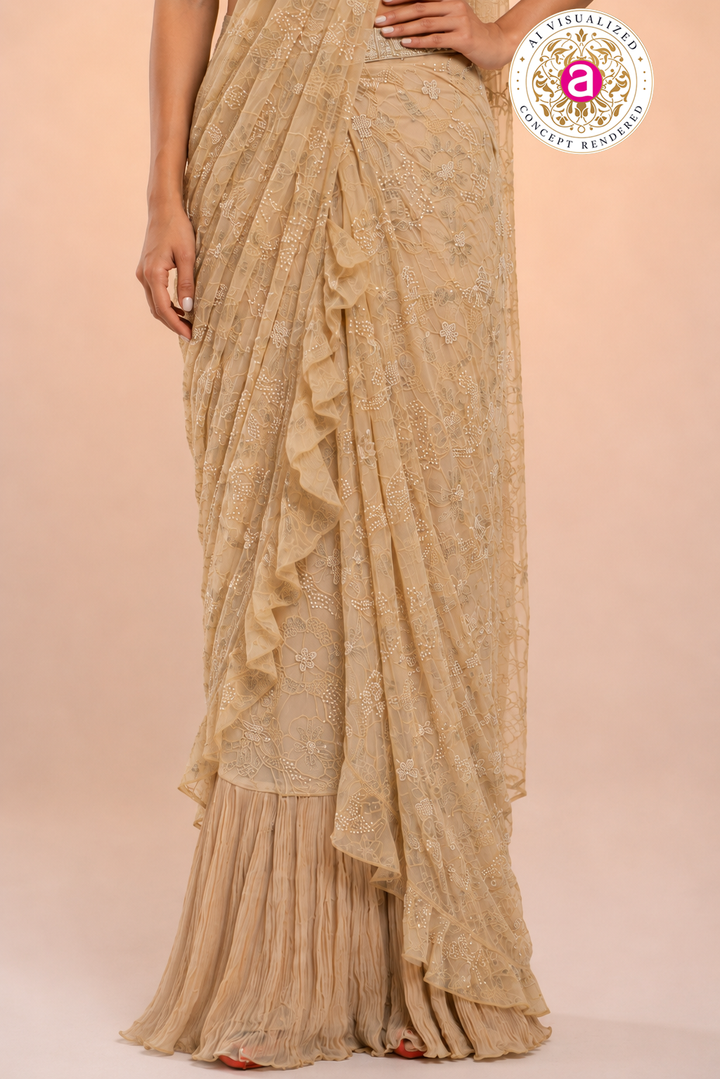 Champagne Beige Ready to Wear Saree with Embroidered Designer Blouse