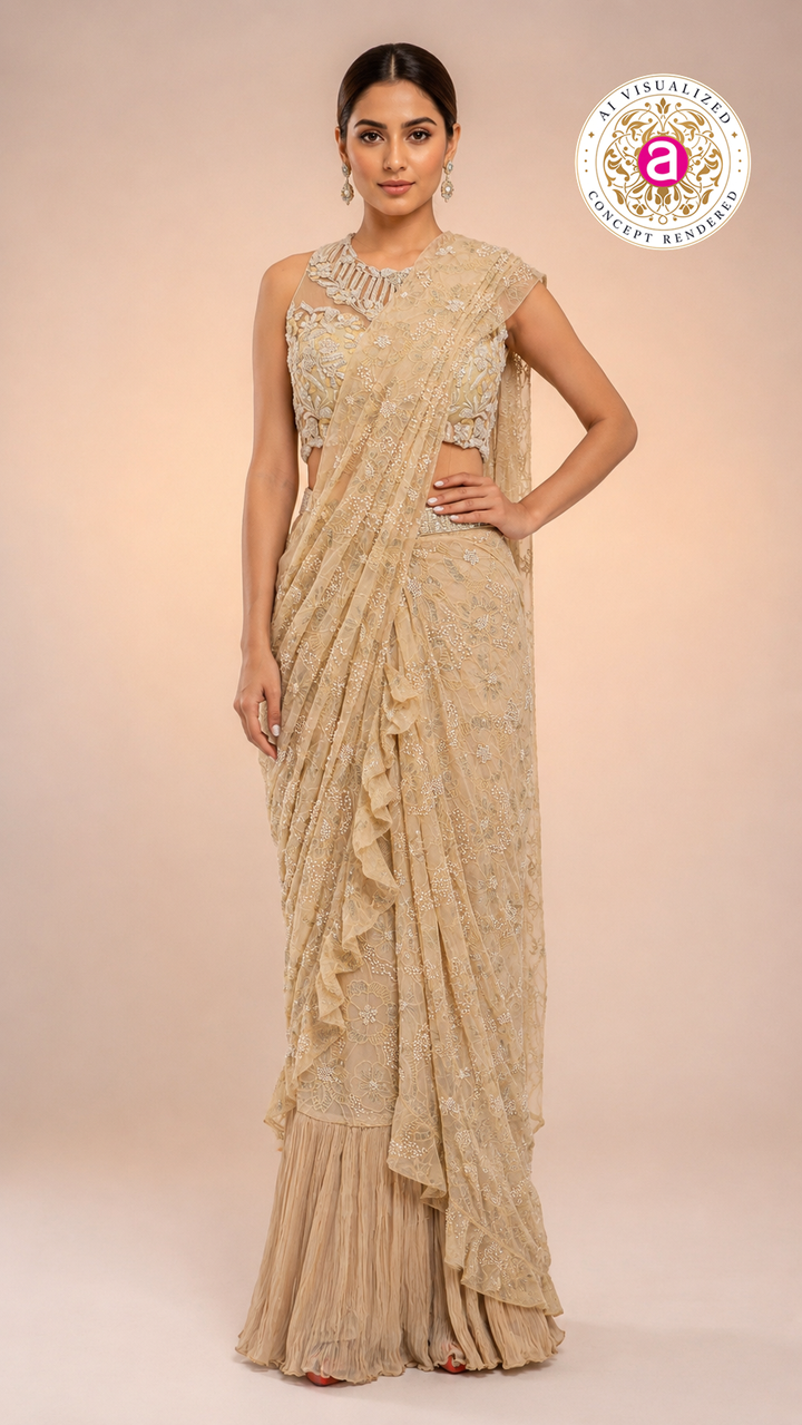 Champagne Beige Ready to Wear Saree with Embroidered Designer Blouse