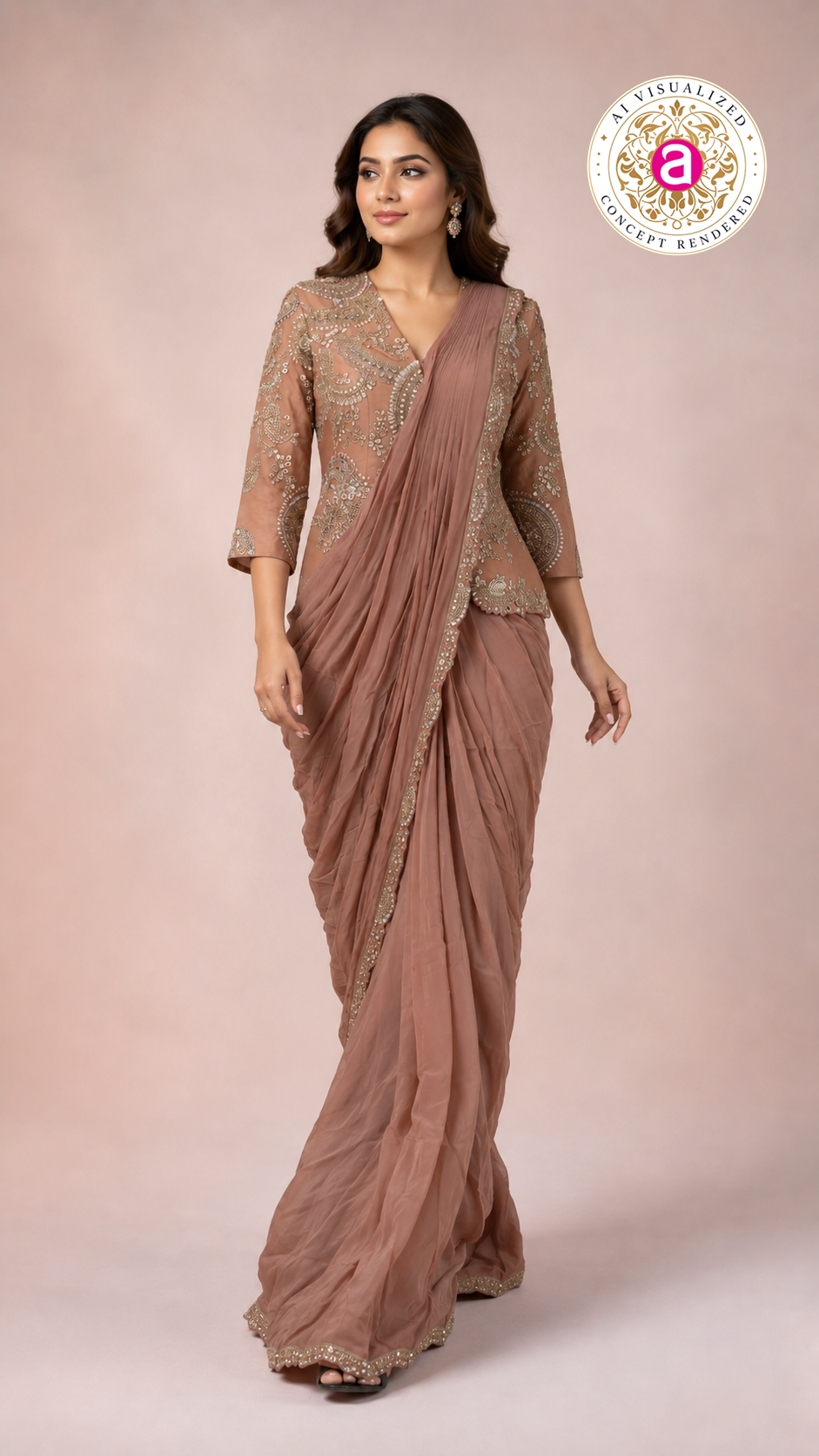 Dusty Rose Ready to Wear Saree with Embroidered Designer Blouse