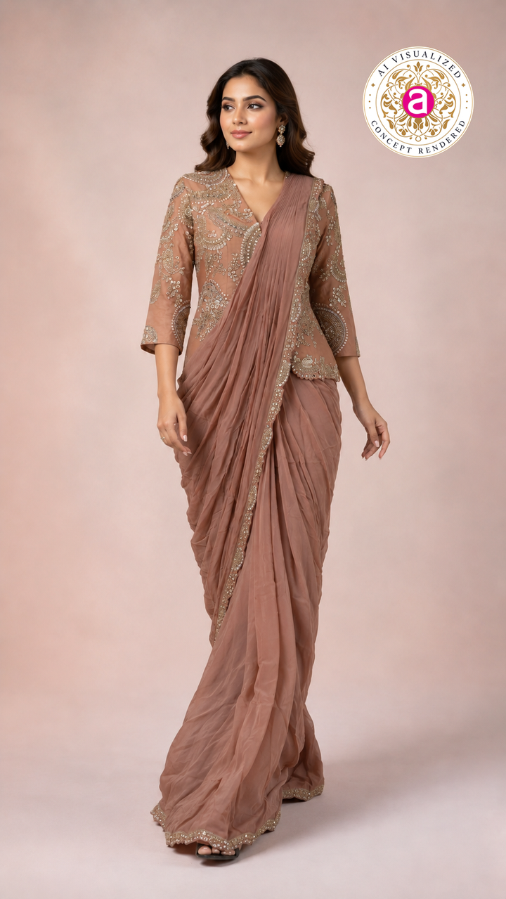 Dusty Rose Ready to Wear Saree with Embroidered Designer Blouse