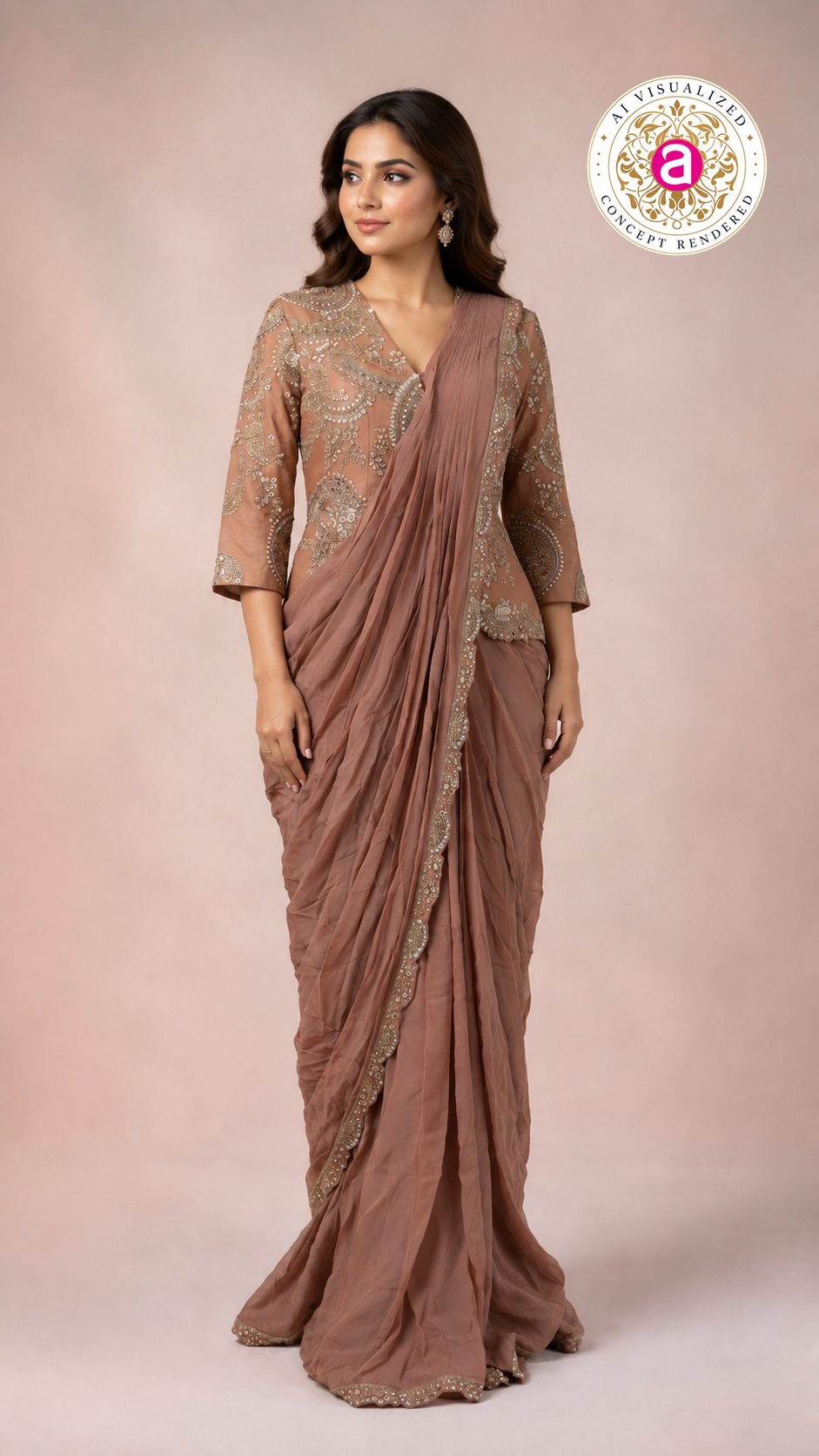 Dusty Rose Ready to Wear Saree with Embroidered Designer Blouse