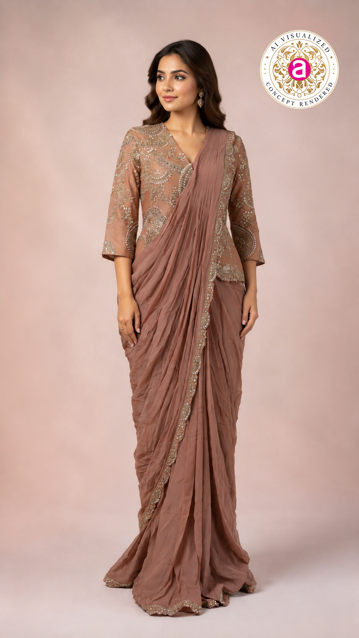 Dusty Rose Ready to Wear Saree with Embroidered Designer Blouse
