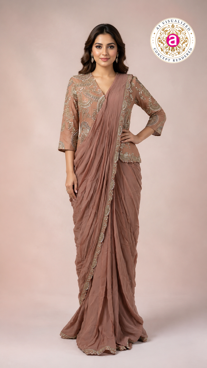 Dusty Rose Ready to Wear Saree with Embroidered Designer Blouse