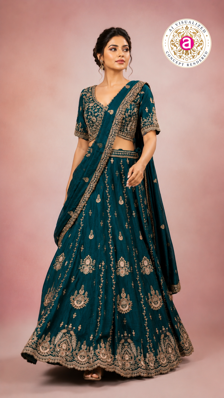 Teal Blue Embroidered Lehenga Set with Designer Blouse & Dupatta