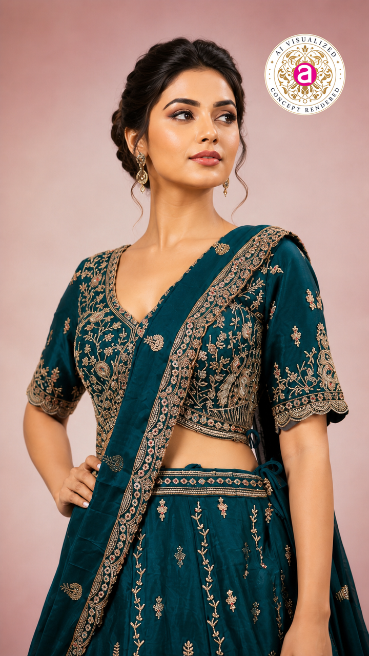 Teal Blue Embroidered Lehenga Set with Designer Blouse & Dupatta