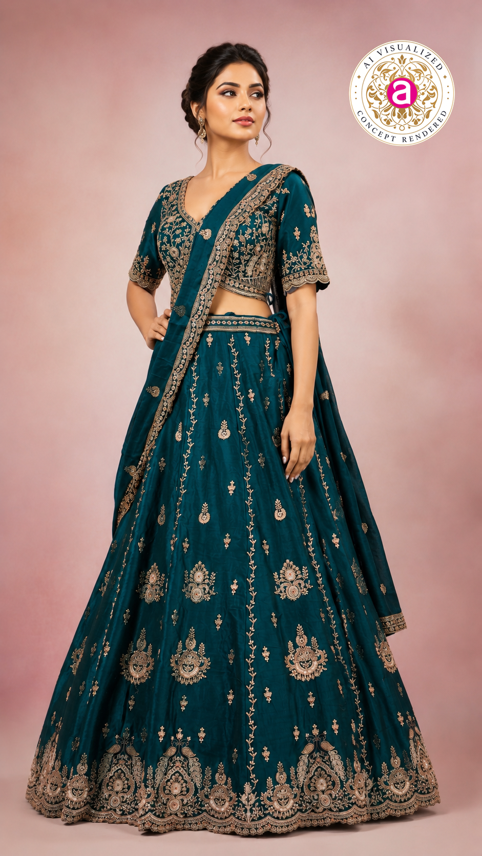 Teal Blue Embroidered Lehenga Set with Designer Blouse & Dupatta