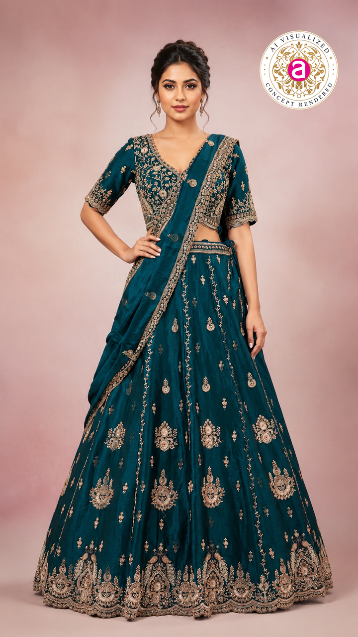 Teal Blue Embroidered Lehenga Set with Designer Blouse & Dupatta