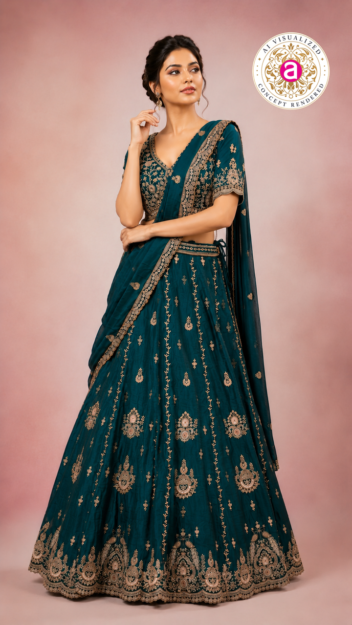 Teal Blue Embroidered Lehenga Set with Designer Blouse & Dupatta