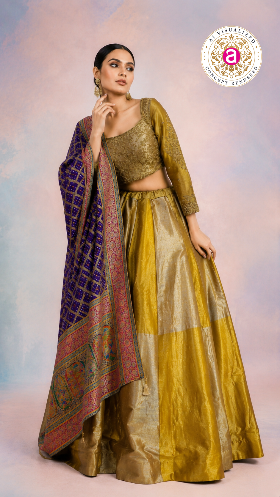Mustard Gold Silk Lehenga Set with Embroidered Blouse & Banarasi Dupatta