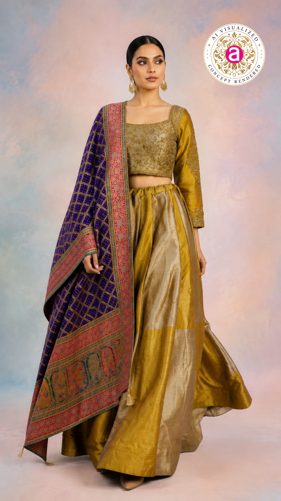 Mustard Gold Silk Lehenga Set with Embroidered Blouse & Banarasi Dupatta